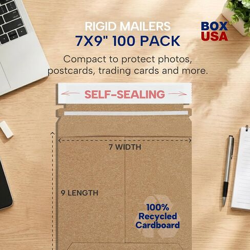 BOX USA Rigid Mailers 7" x 9" (100-Pack) - Kraft Mailer Envelopes for Photos, Greeting Cards, Collectible Cards - Stay Flat in Kuwait