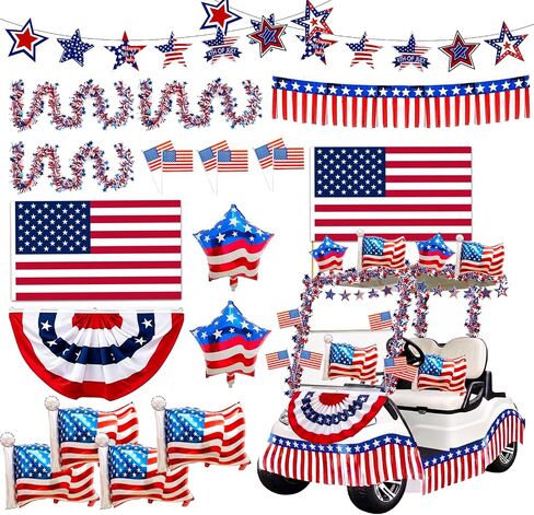 4th of July Golf Cart Decorations: Golf Cart Decorations Kit with Star Banner Tinsel Garland Pleated Fan Flag Backdrop Balloons Patriotic Golf Cart Decor for Parade Independence Day Memorial Day in Kuwait