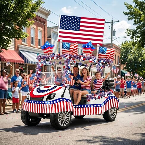 4th of July Golf Cart Decorations: Golf Cart Decorations Kit with Star Banner Tinsel Garland Pleated Fan Flag Backdrop Balloons Patriotic Golf Cart Decor for Parade Independence Day Memorial Day in Kuwait