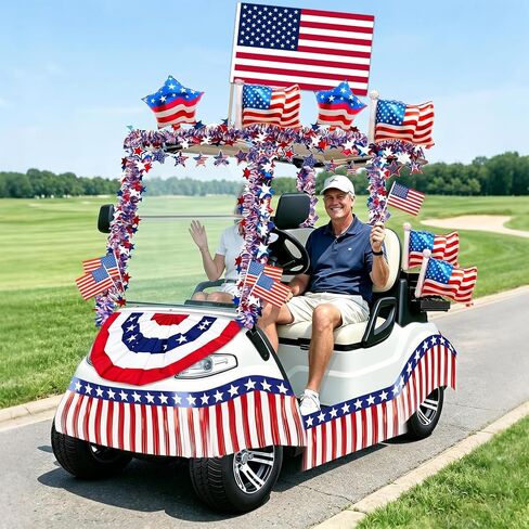 4th of July Golf Cart Decorations: Golf Cart Decorations Kit with Star Banner Tinsel Garland Pleated Fan Flag Backdrop Balloons Patriotic Golf Cart Decor for Parade Independence Day Memorial Day in Kuwait