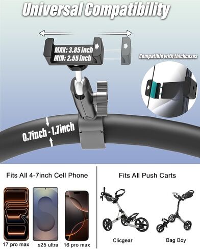 حامل هاتف Charchendo Golf Push Cart [بدون اهتزاز] لمقود 0.7 بوصة - 1.78 بوصة | مشبك هاتف معدني عميق 0.7 بوصة للهواتف المحمولة مقاس 4-7 بوصة والهواتف الذكية ذات الحافظة السميكة، يناسب جميع عربات الجولف، Clicgear، Sun Mountain in Kuwait