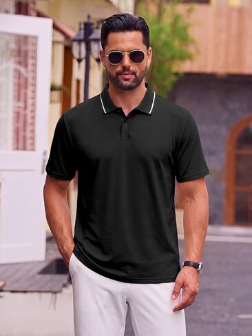 Men's Dry Fit Golf Polo Shirts Short Sleeve Contrast Tipped Collar Moisture Wicking Athletic Casual Tops in Kuwait