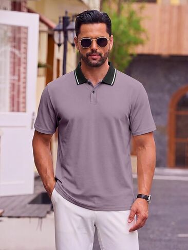 Men's Dry Fit Golf Polo Shirts Short Sleeve Contrast Tipped Collar Moisture Wicking Athletic Casual Tops in Kuwait