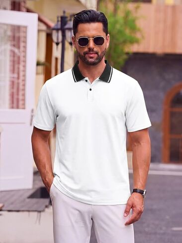 Men's Dry Fit Golf Polo Shirts Short Sleeve Contrast Tipped Collar Moisture Wicking Athletic Casual Tops in Kuwait