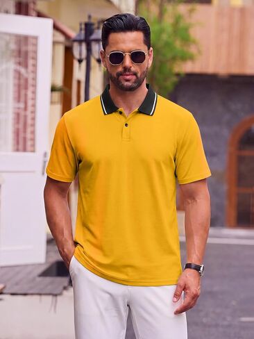 Men's Dry Fit Golf Polo Shirts Short Sleeve Contrast Tipped Collar Moisture Wicking Athletic Casual Tops in Kuwait