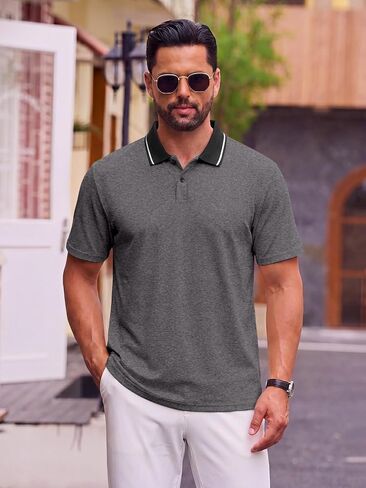 Men's Dry Fit Golf Polo Shirts Short Sleeve Contrast Tipped Collar Moisture Wicking Athletic Casual Tops in Kuwait