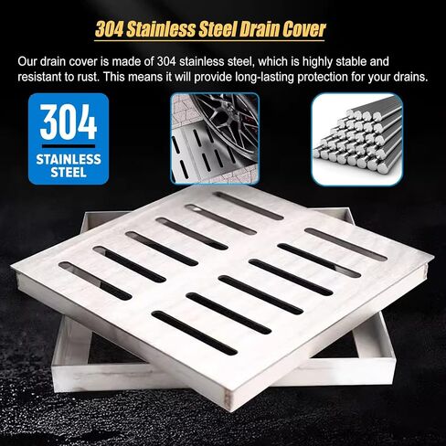 Stainless Steel Anti-Slip Drain Grate & Frame 40x40cm (15.7x15.7in) - Heavy Duty Outdoor Floor Drain Cover for Yard & Garden, Durable Water Drainage Solution in Kuwait