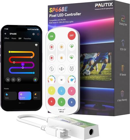 PAUTIX Bluetooth Music Pixel Smart LED Controller SP668E، لـ WS2811 WS2812 SM16703 شريط LED ملون قابل للعنونة بكسل ضوء DC5V-24V APP / RF للتحكم عن بعد (ليس لشريط RGB LED بدون IC الذكي) in Kuwait