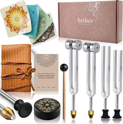 Tuning Forks for Healing Set - 4 Frequencies (128Hz, 136.1Hz, 432Hz, 528Hz) with Gem Foot, Visual Mandala Cards - Premium Sound Therapy Kit for Mindful Relaxation, Anxiety Relief & Holistic Wellness in Kuwait