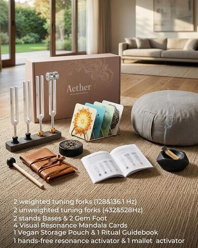 Tuning Forks for Healing Set - 4 Frequencies (128Hz, 136.1Hz, 432Hz, 528Hz) with Gem Foot, Visual Mandala Cards - Premium Sound Therapy Kit for Mindful Relaxation, Anxiety Relief & Holistic Wellness in Kuwait