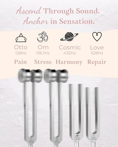 Tuning Forks for Healing Set - 4 Frequencies (128Hz, 136.1Hz, 432Hz, 528Hz) with Gem Foot, Visual Mandala Cards - Premium Sound Therapy Kit for Mindful Relaxation, Anxiety Relief & Holistic Wellness in Kuwait