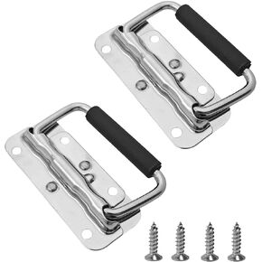 2Pcs 110mm Stainless Steel Spring Loaded Folding Handle, Surface Mount Chest Pull with Rubber Grip for Toolbox, Case and Storage Box(Silver) in Saudi Arabia
