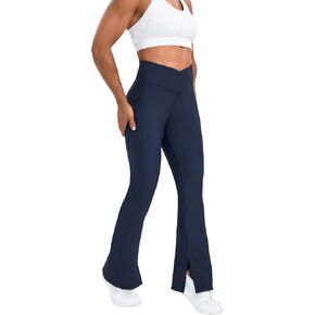 Vivian Womens Flare Tummy Control Leggings with Pockets Long Bootleg High Waist Yoga Pants with Hem Slit and Waist Cross in Saudi Arabia