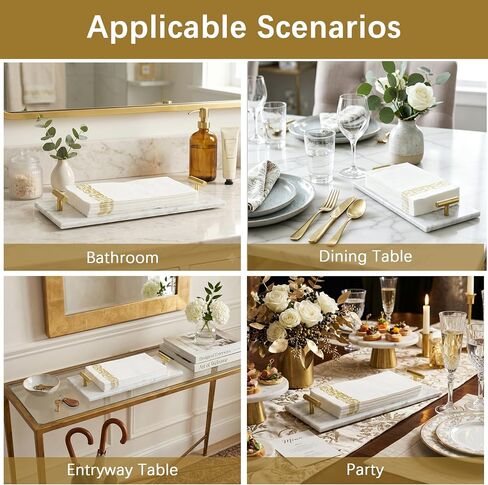 حامل مناديل رخامية - حامل مناديل للحمام - حامل مناشف ورقية للحمام - صينية مناشف رخامية للضيوف بمقابض ذهبية (أبيض) in Kuwait