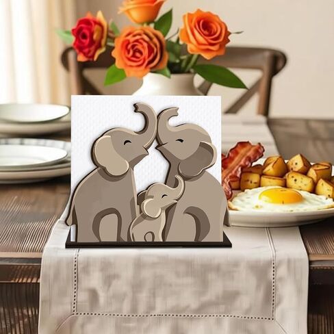 Elephant Wooden Napkin Holder, Family Baby Animal Tissue Dispenser, Elephant Decor for Table Kitchen Dining Room Party Home in Kuwait