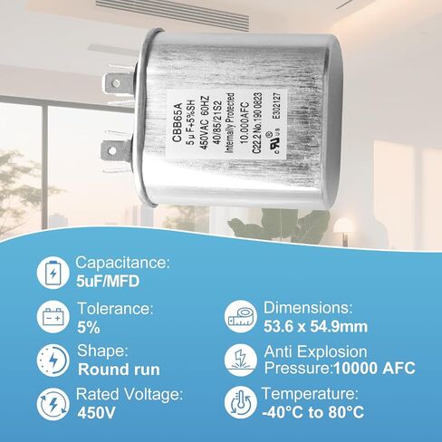 5 فائق التوهج 5 MFD ±5% 370 VAC مكثف البدء البيضاوي المزدوج - C305L / 27L570 لبدء تشغيل محرك مروحة وحدة التيار المتردد، المضخة الحرارية، المكثف المستقيم البارد. متوافق مع جي # Z97F5705، 97F95702، Z97F5702، 5X370 in Kuwait