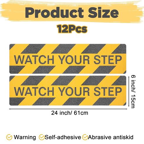 12 Pack Watch Your Step Sticker 6x24 Inch, Watch Your Step Sign Floor Decals, Anti-Slip PVC Stair Stickers, Waterproof Abrasive Tape for Wet Floor Caution, Indoor Outdoor Safety in Kuwait