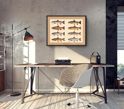 رسم ملصق تراوت كلاسيكي طبيعي ومخطط تعريف سمك السلمون المرقط بقلم جوزيف توميليري. طباعة وديكور جداري فني من Gamefish Sportsman in Kuwait