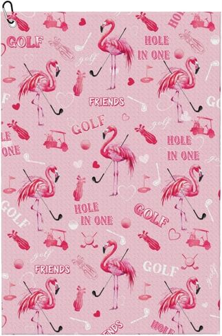 Funny Golf Towel, Cute Pink Flamingo Hole in One Pattern Golf Towel for Golf Bags with Clip, Premium Accessories, Gifts for Men and Women in Kuwait