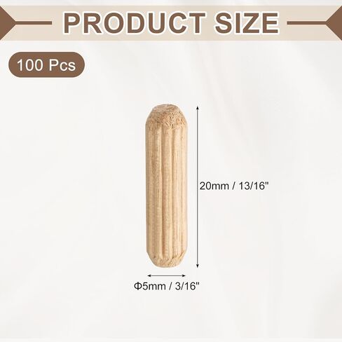 MECCANIXITY Wooden Dowel Pins 3/16" x 13/16" (5mm x 20mm) Straight Dowel Rods Wood Fluted Dowels Rods for Crafts Furniture DIY Hardwood Count 100 in Kuwait