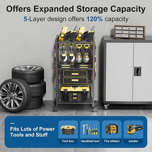5 - Tier Power Tool Organizer Cart - 300 lbs Heavy Duty Utility Rack Shelf, Rolling Drill Holder & Tool Storage Cart on Wheels for Garage, Workshop, Ideal Gift for Men (no Power) in Saudi Arabia