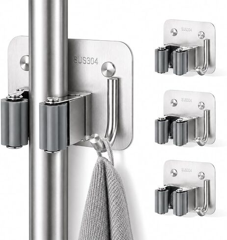 Broom Holder Wall Mount 4 Pack, Heavy Duty Mop and Broom Holder with Hooks, 304 Stainless Steel Broom Hanger, Self Adhesive or Screw Mount Organizer for Kitchen Laundry Garage in Kuwait