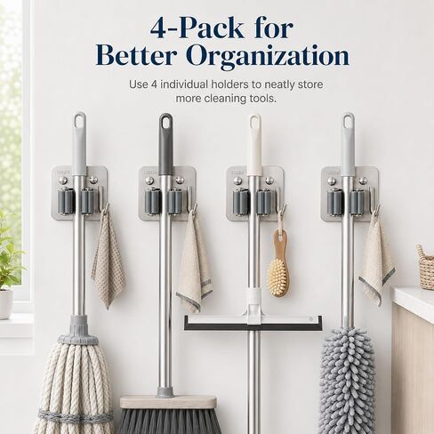 Broom Holder Wall Mount 4 Pack, Heavy Duty Mop and Broom Holder with Hooks, 304 Stainless Steel Broom Hanger, Self Adhesive or Screw Mount Organizer for Kitchen Laundry Garage in Kuwait