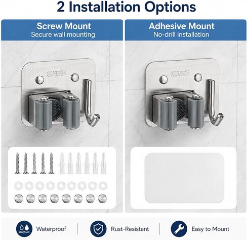 Broom Holder Wall Mount 4 Pack, Heavy Duty Mop and Broom Holder with Hooks, 304 Stainless Steel Broom Hanger, Self Adhesive or Screw Mount Organizer for Kitchen Laundry Garage in Kuwait
