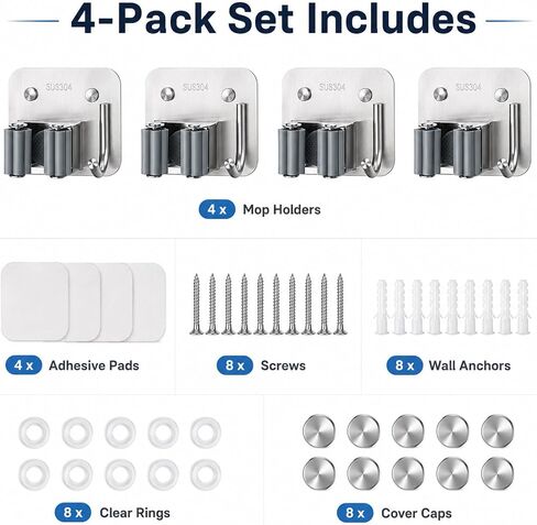Broom Holder Wall Mount 4 Pack, Heavy Duty Mop and Broom Holder with Hooks, 304 Stainless Steel Broom Hanger, Self Adhesive or Screw Mount Organizer for Kitchen Laundry Garage in Kuwait