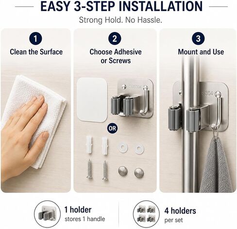 Broom Holder Wall Mount 4 Pack, Heavy Duty Mop and Broom Holder with Hooks, 304 Stainless Steel Broom Hanger, Self Adhesive or Screw Mount Organizer for Kitchen Laundry Garage in Kuwait