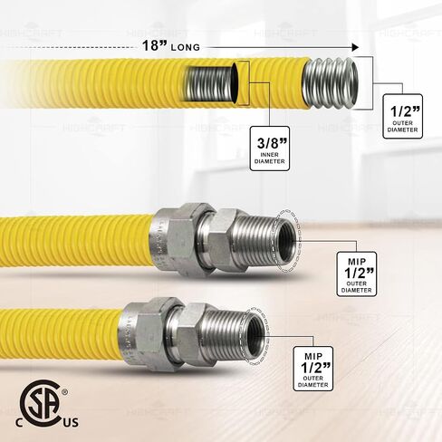 HIGHCRAFT 18 Inch Gas Connector with Fittings, Yellow Coated Gas Connector, 1/2" OD, 1/2" MIP x 1/2" MIP Connection in Kuwait