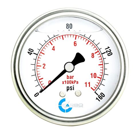 2" Pressure Gauge, Stainless Steel Case, Chrome Plated Brass Connection, Liquid Filled, 0-160 psi/kPa, Back Mount 1/4" NPT in Kuwait