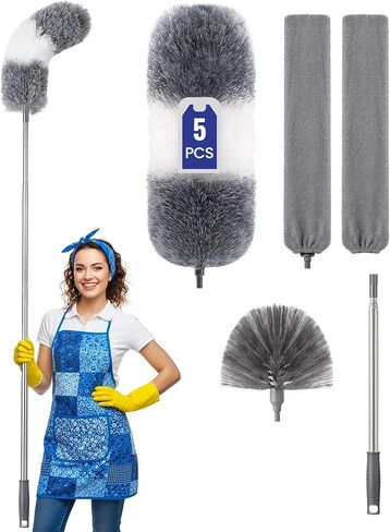 Extra-Long Dusters Kits with Extension Pole, Cobweb Duster, Microfiber Dusting Clothes for Gap, 5 in 1 Cleaning Tools with Extendable Long Handle, Blinds, High Ceilings and Fans, Cars and Furniture in Kuwait
