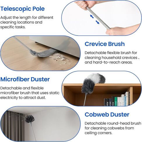 Extra-Long Dusters Kits with Extension Pole, Cobweb Duster, Microfiber Dusting Clothes for Gap, 5 in 1 Cleaning Tools with Extendable Long Handle, Blinds, High Ceilings and Fans, Cars and Furniture in Kuwait