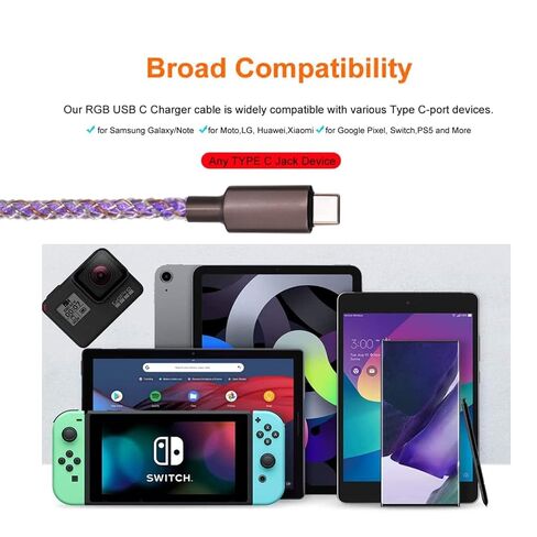 USB Type C Cable, 3.3ft LED RGB Light Gradual USB A to Type C Charger Cord 66W Fast Charging USB C Cable for Galaxy S21 S20 Plus S10E S9 S8 A51 A11 Note 10 9 8 USB C Charger (RGB) in Saudi Arabia