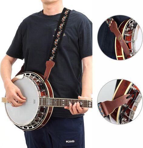 حزام Nefelibata Banjo، حزام غيتار مزدوج من جلد البقر المحبب بالكامل بعرض 2 بوصة، بديل قابل للتعديل، حزام جيتار متعدد الأنماط مع حبل رأس وعصابة رأس جلدية (تطريز زهرة صغيرة) in Kuwait