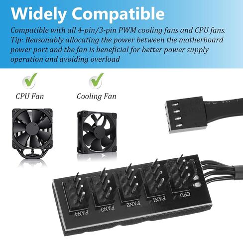 2 Pack PWM Fan Hub, PC Fan Hhub 4 Pin 1 to 5 Way Cooling Fans Power Extension Cable Adapter Fans Splitter for PC Motherboard Case 4 Pin/3Pin in Kuwait