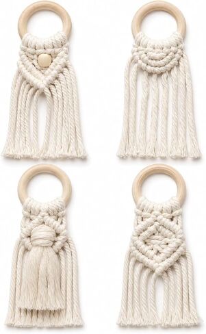 Boho Napkin Rings - Set of 12 Handmade Macrame Napkin Holders with Wood Rings, Rustic Farmhouse Table Decor for Wedding, Party, Holiday Dinner, 4 Unique Designs in Kuwait