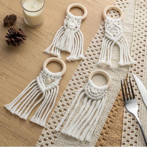 Boho Napkin Rings - Set of 12 Handmade Macrame Napkin Holders with Wood Rings, Rustic Farmhouse Table Decor for Wedding, Party, Holiday Dinner, 4 Unique Designs in Kuwait