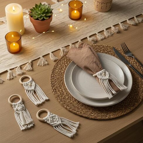 Boho Napkin Rings - Set of 12 Handmade Macrame Napkin Holders with Wood Rings, Rustic Farmhouse Table Decor for Wedding, Party, Holiday Dinner, 4 Unique Designs in Kuwait