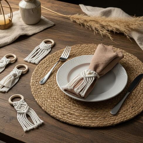 Boho Napkin Rings - Set of 12 Handmade Macrame Napkin Holders with Wood Rings, Rustic Farmhouse Table Decor for Wedding, Party, Holiday Dinner, 4 Unique Designs in Kuwait