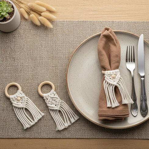 Boho Napkin Rings - Set of 12 Handmade Macrame Napkin Holders with Wood Rings, Rustic Farmhouse Table Decor for Wedding, Party, Holiday Dinner, 4 Unique Designs in Kuwait
