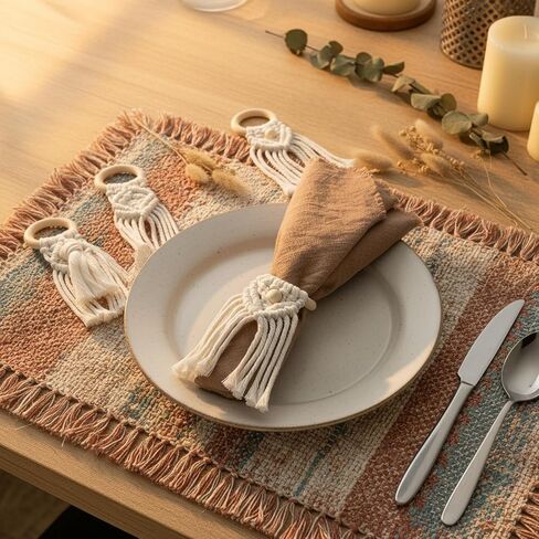 Boho Napkin Rings - Set of 12 Handmade Macrame Napkin Holders with Wood Rings, Rustic Farmhouse Table Decor for Wedding, Party, Holiday Dinner, 4 Unique Designs in Kuwait