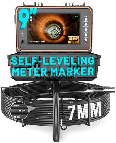 Anysun Sewer Camera Self Leveling 100ft، كاميرا فحص المجاري مع علامة متر، شاشة HD، DVR، 12 مصباح LED قابل للتعديل، كابل 7 مم، بطارية قابلة لإعادة الشحن 5100 مللي أمبير، بطاقة 32 جيجابايت in Kuwait