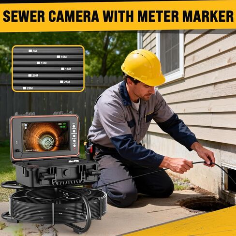 Anysun Sewer Camera Self Leveling 100ft، كاميرا فحص المجاري مع علامة متر، شاشة HD، DVR، 12 مصباح LED قابل للتعديل، كابل 7 مم، بطارية قابلة لإعادة الشحن 5100 مللي أمبير، بطاقة 32 جيجابايت in Kuwait