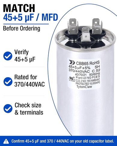 [UL Recognized] 45+5 µF 45/5 MFD ±5% Dual Run Capacitor for Condenser | 370/440VAC CBB65 HVAC capacitor for AC condenser, fan motor, compressor, heat pump. Match 45+5 µF; replaces 97F9895, 27L880 in Kuwait