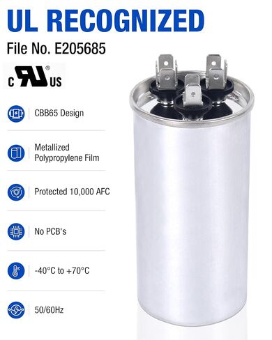 [UL Recognized] 45+5 µF 45/5 MFD ±5% Dual Run Capacitor for Condenser | 370/440VAC CBB65 HVAC capacitor for AC condenser, fan motor, compressor, heat pump. Match 45+5 µF; replaces 97F9895, 27L880 in Kuwait
