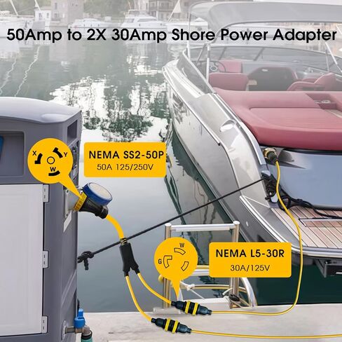 محول مقسم الطاقة Y من Marine Shore، NMEA SS2-50P ذكر 50Amp إلى 2X 30Amp L5-30R أنثى مع حلقة قفل، 50A إلى سلك طاقة الشاطئ المزدوج 30A، قائمة ETL، 3FT in Kuwait