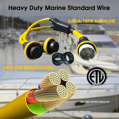 محول مقسم الطاقة Y من Marine Shore، NMEA SS2-50P ذكر 50Amp إلى 2X 30Amp L5-30R أنثى مع حلقة قفل، 50A إلى سلك طاقة الشاطئ المزدوج 30A، قائمة ETL، 3FT in Kuwait