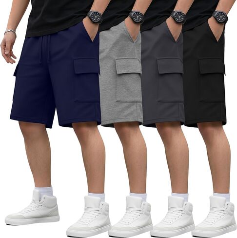 4 Pack Boys Cargo Shorts Kids Bermuda Casual Athletic Sweat Shorts with Pockets Elastic Waist Drawstring in Saudi Arabia
